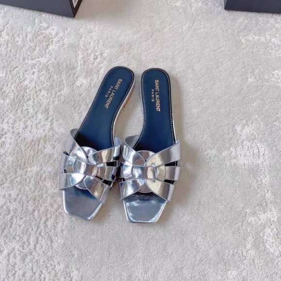 Saint Laurent Shoes - Saint Laurent Silver Leather Tribute Flat Mules